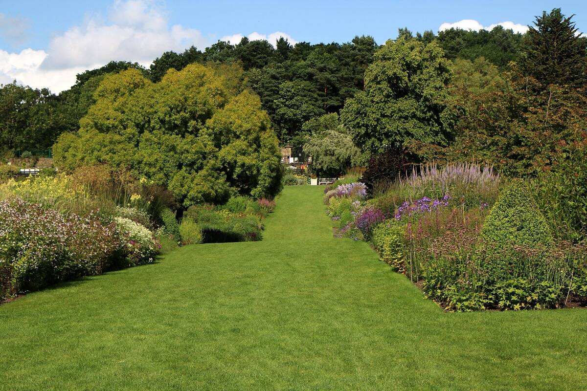 Brede borders met vaste planten langs een gazon